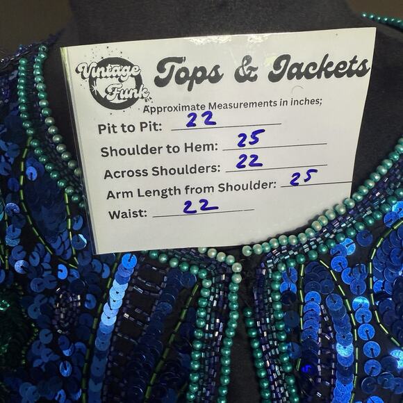 Vintage Laurence Kazar Silk Sequin Jacket XL Blue Green Beaded Evening Coat 80s - Picture 10 of 10